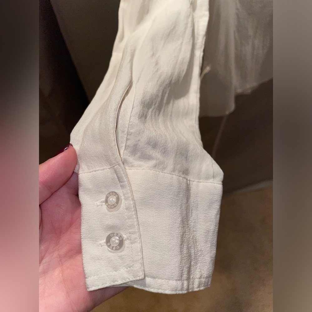 100% Mulberry Silk Bebe White Button Down Top with Ruffles - Picture 3 of 6